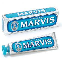 MARVIS Aquatic Mint Toothpaste 75ml. (หลอดสีฟ้า) ยาสีฟันชั้นเลิศจากอิตาลี สูตรหอมสดชื่นจาก มิ้นต์ และ Cinnamon ดุจเหมือนอยู่ท่ามกลางมหาสมุทรยามเช้าที่สดใส มอบลมหายใจที่หอม สดชื่น ลดกลิ่นไม่พึงประสงค์ ลดการสะสมของแบคทีเรียในช่องปาก