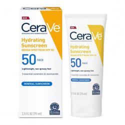 Cerave Hydrating Sunscreen Face Lotion SPF 50(Mineral Sunscreen) 75 ml. โลชั่นกันแดดสำหรับผิวหน้าสำหรับผิวบอบบางแพ้ง่าย เพราะคัดสรรส่วนผสมที่มาจากธรรมชาติ(Mineral) ทั้งปกป้องและบำรุงในหลอดเดียว เนื้อบางเบา ไม่เหนียวเหนอะหนะ ไม่มันเงาสูตรป้องกั
