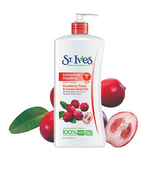 St.Ives Intensive Healing Cranberry Seed & Grape Seed Oil Body Lotion 21 Fl Oz/ 621ml.  โลชั่นบำรุงผิว สูตรสำหรับผิวที่ขาดความชุ่มชื่น จนผิวแห้งคันตกสะเก็ด ด้วยส่วนผสมของน้ำมันมะกอกที่มีมอยเจอร์ไรเซอร์เข้มข้น น้ำมันจากเมล็ดแคนเบอร์รี่ช่วย