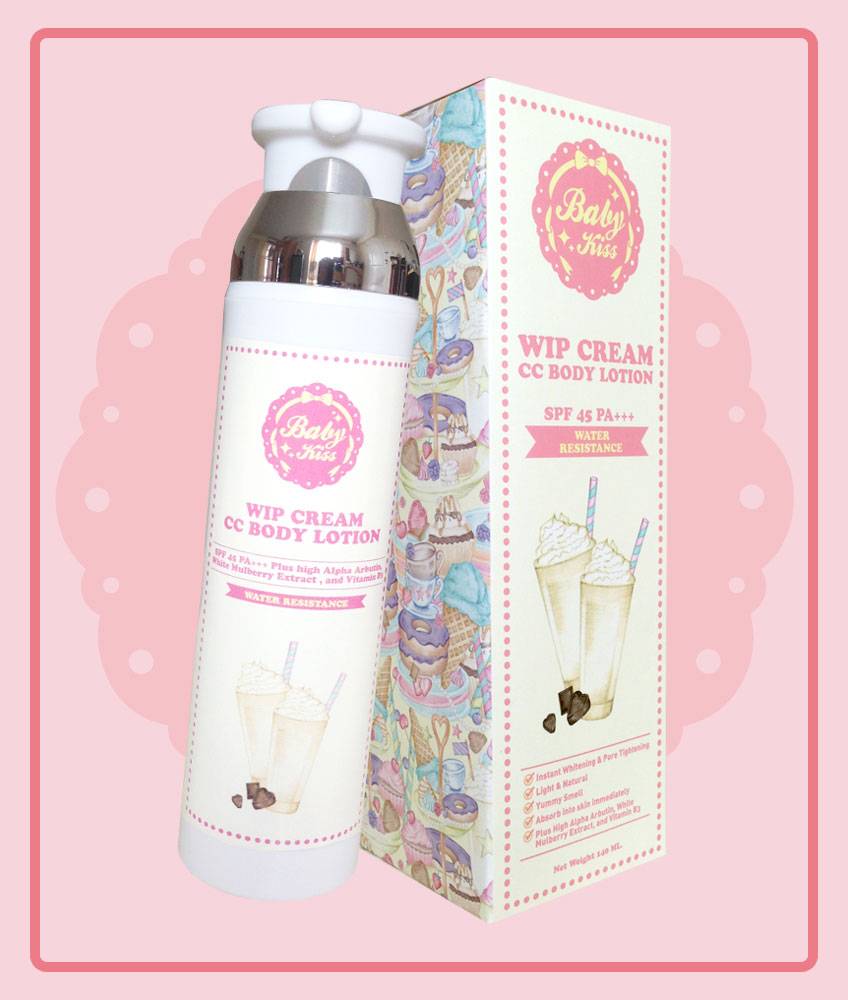 **พร้อมส่ง**ใหม่ล่าสุด!! Baby Kiss Wip Cream CC Body Lotion SPF 45 PA+++ (สีขาว) ซี ซีบอดี้โลชั่น ด้วยเนื้อสัมผัสที่เบาบาง นาโน ไม่เหนียวเหนอะหนะ เกลี่ยง่าย ซึมซับทันทีที่ทา ไม่เป็นคราบ ติดทนนานตลอดวัน ป้องกันได้ทั้งน้ำและเหงื่อ ช่วยปรับสีผิวที่หมอ