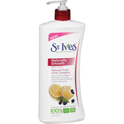 St.Ives Naturally Smooth Body Lotion Natural Fruit  AHA Complex 21 Fl Oz/ 621 ml.โลชั่นบำรุงผิวเรียบเนียนอย่างเป็นธรรมชาติ จากส่วนผสมของผลไม้ AHA ช่วยเร่งการผลัดเซลล์ผิว ช่วยให้ผิวที่หยาบกร้านอ่อนนุ่มเรียบเนียนขึ้นเผยผิวใหม่ให้สวยเนียนใสเหมือ
