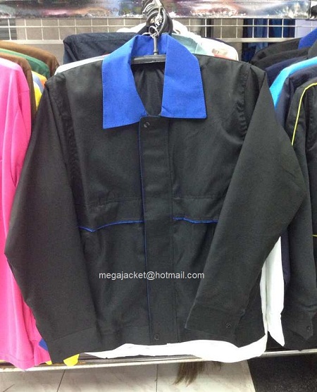 ขาย  เสื้อแจ๊คเก็ตตัดต่อแบบ A เสื้อแจ็คเก็ตสีดำปกน้ำเงิน ผ้าคอม 60  รับปัก logo เสื้อแจ็คเก็ต 093-632-6441