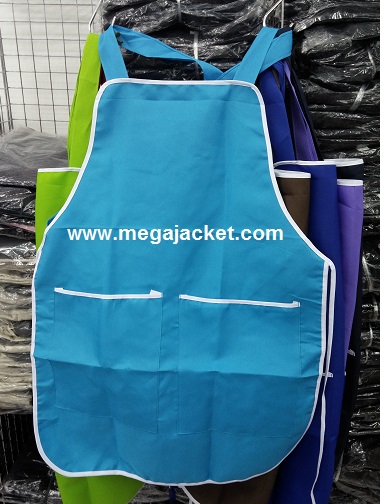 ขายส่งผ้ากันเปื้อนแม่ค้า สีฟ้า+ขอบขาว ผ้าโซลอน 063-263-9542