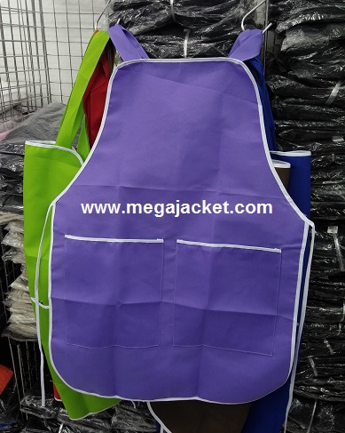 ขายส่งผ้ากันเปื้อนแม่ค้า สีม่วง+ขอบขาว ผ้าโซลอน 063-263-9542