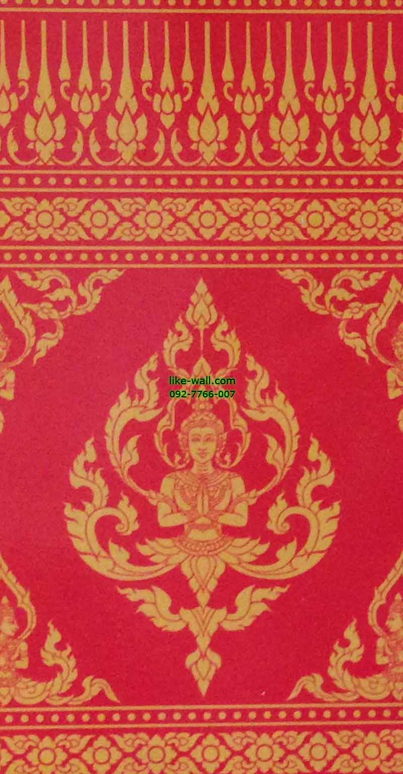 วอลเปเปอร์ติดผนัง ลายเทพพนมใหญ่ กรวยเชิง พื้นสีแดง