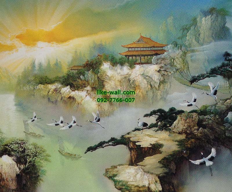 วอลเปเปอร์ติดผนัง ลาย flying cranes facing in the first gleams of day