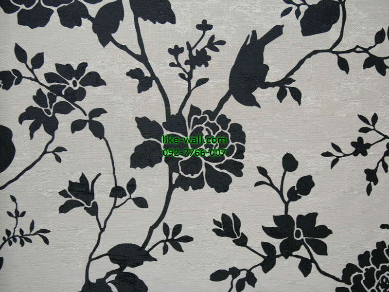 วอลเปเปอร์ติดผนังลายดอกไม้สีดำ พื้นขาว