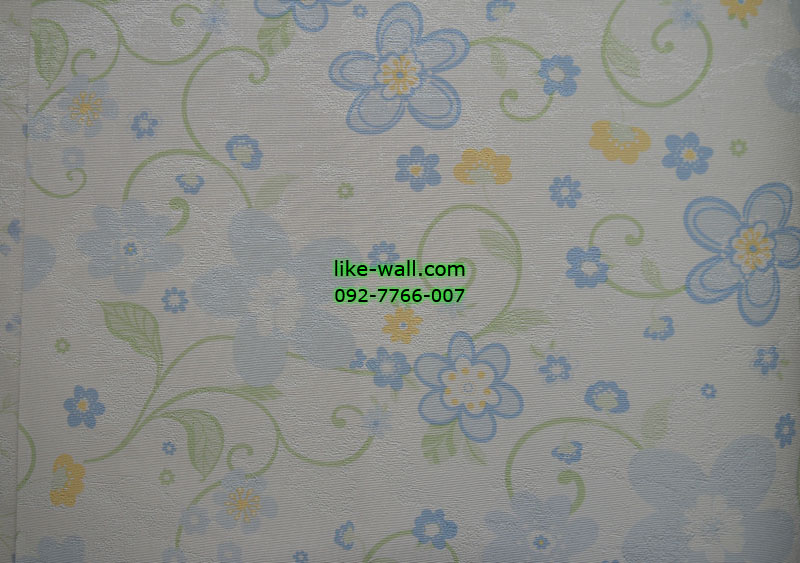 วอลเปเปอร์ติดผนังลายดอกไม้สีฟ้า พื้นขาว
