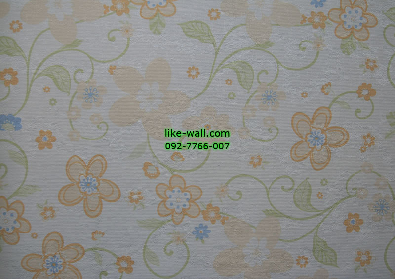 วอลเปเปอร์ติดผนังลายดอกไม้สีส้ม พื้นขาว