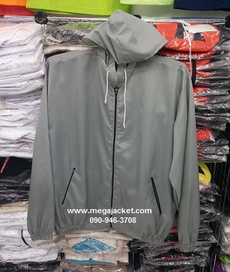 Jacket แจ็คเก็ตมีหมวก ผ้าร่ม+มีฮู้ต Hood สีเทา ขายส่งแจ็คเก็ตผ้าร่มราคาโรงงาน สกรีน logo 093-632-6441