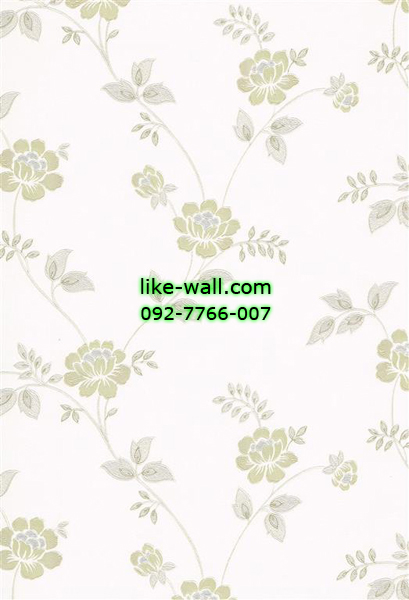 วอลเปเปอร์ติดผนังลายดอกไม้สีเขียว พื้นขาว