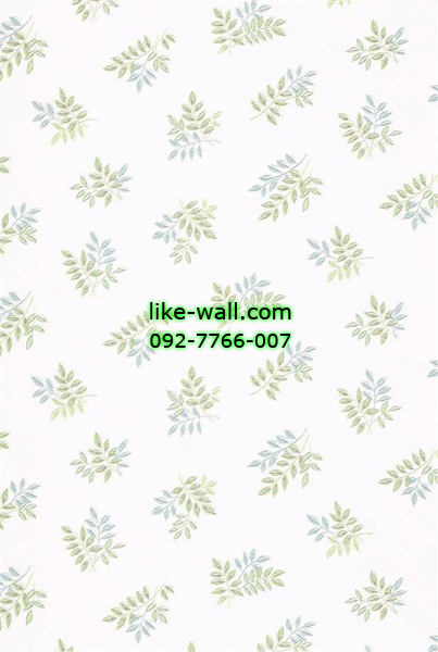 วอลเปเปอร์ติดผนังลายใบไม้สีเขียว ฟ้า พื้นขาว