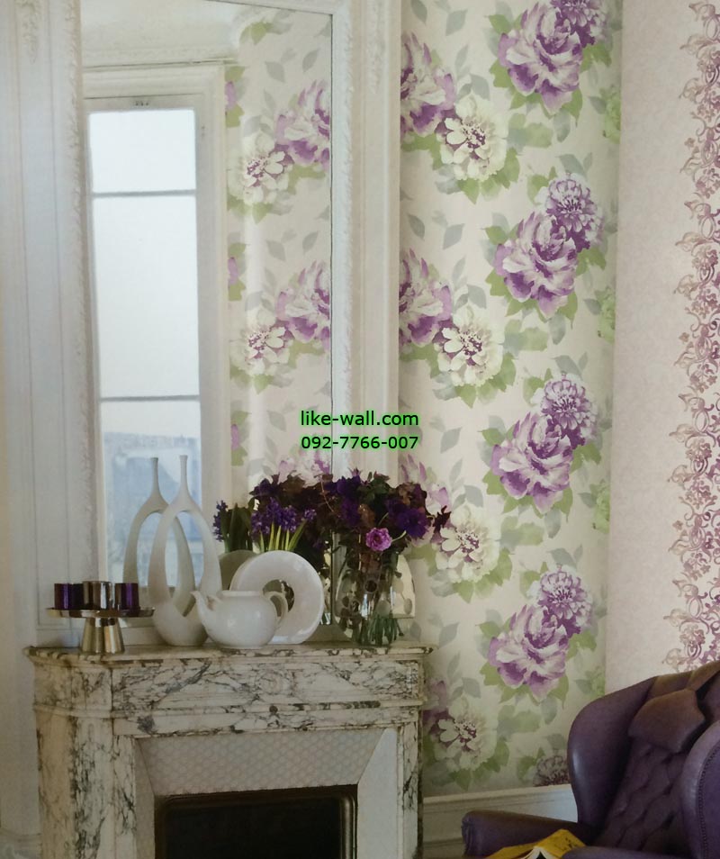 ตัวอย่าง วอลเปเปอร์ติดผนังลายดอกกุหลาบสีม่วง พื้นขาว