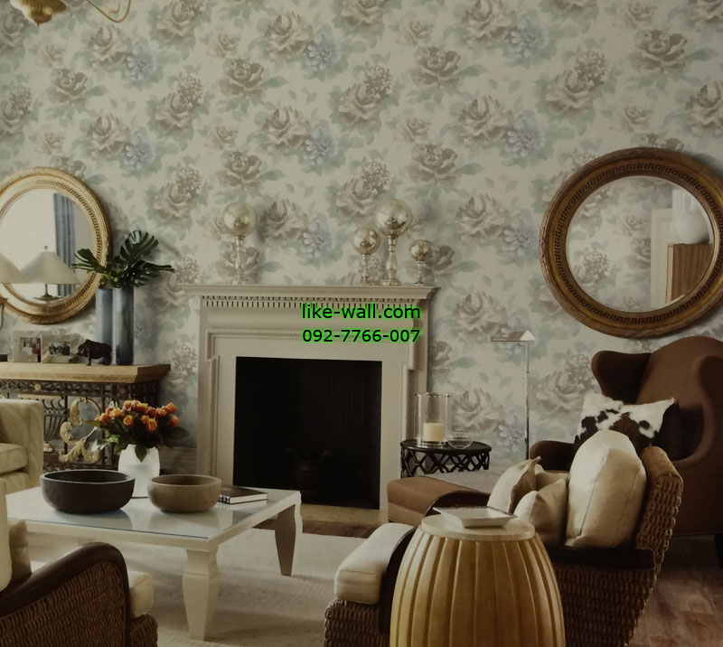 ตัวอย่าง วอลเปเปอร์ติดผนังลายดอกกุหลาบสีเทา พื้นขาว
