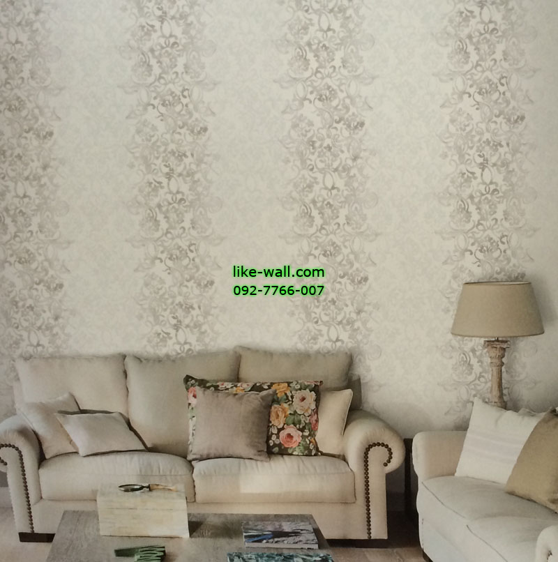 ตัวอย่าง วอลเปเปอร์ติดผนังลายหลุยส์สีเทา พื้นขาว