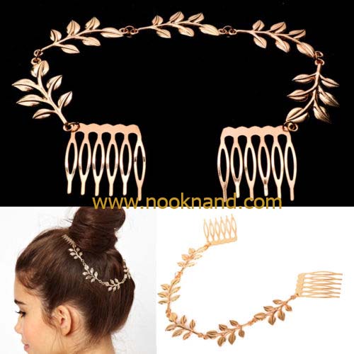 หวีปิ่นประดับแต่งผมสไตล์สาวกรีก หวาน ซึ้่งโรมแมนติก Womens Stylish Elegant Gold Leaves Chain Hair Comb Cuff Head Band Headwear Gift