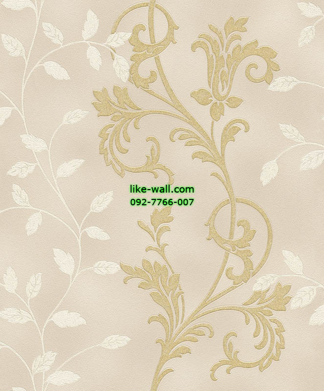 วอลเปเปอร์ติดผนังลายใบไม้สีขาว ผสมลายหลุยส์สีทอง