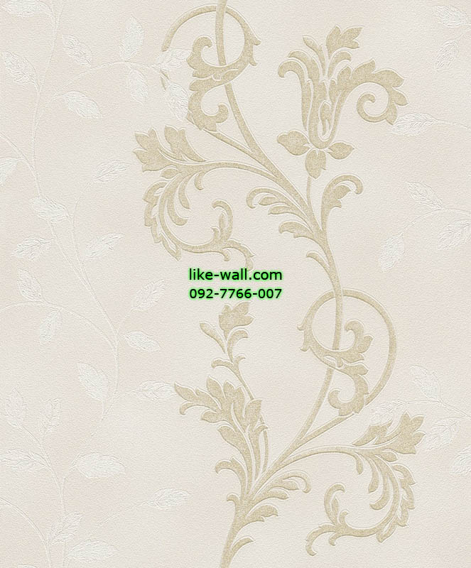 วอลเปเปอร์ติดผนังลายใบไม้สีขาว ผสมลายหลุยส์สีน้ำตาลทอง