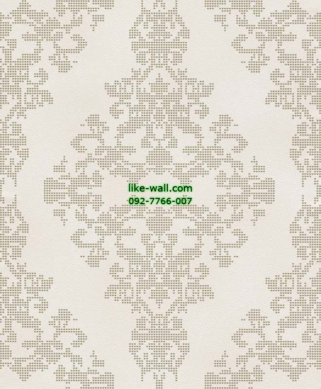 วอลเปเปอร์ติดผนังลายจุดหลุยส์สีน้ำตาล พื้นขาล