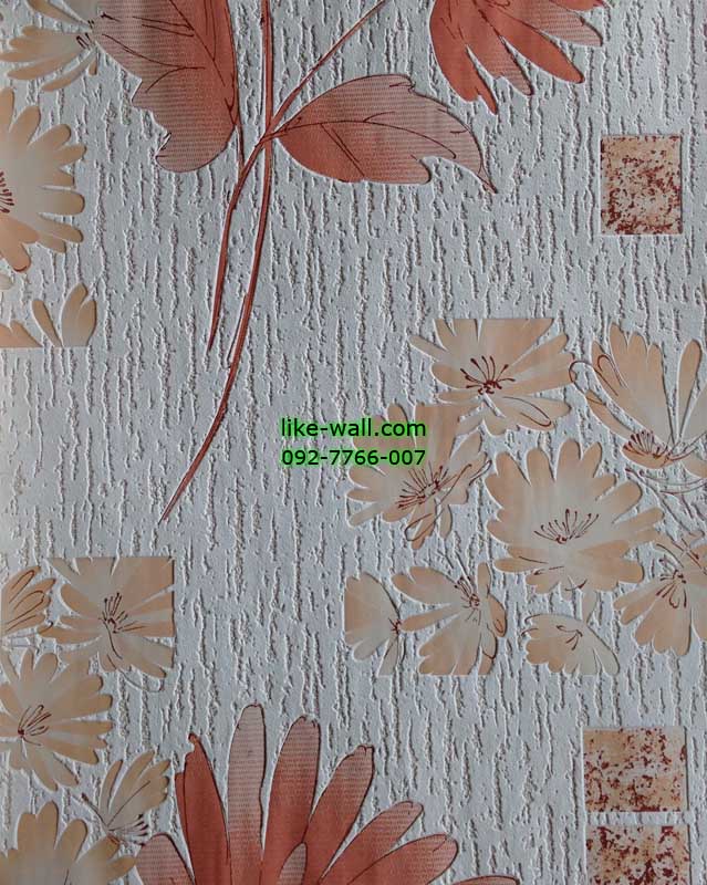 วอลเปเปอร์ติดผนังลายดอกไม้สีส้ม พื้นลายนูนสีขาว