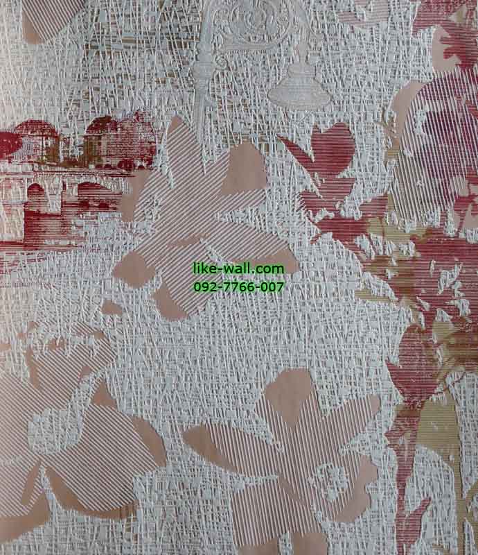 วอลเปเปอร์ติดผนังลายดอกไม้สีบานเย็น พื้นรูปหอไอเฟล