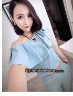  ชุด 2 ชิ้น ผ้าไม่ยืด เสื้อคอกว้าง + กางเกงทรงฮาเร็ม สีฟ้า