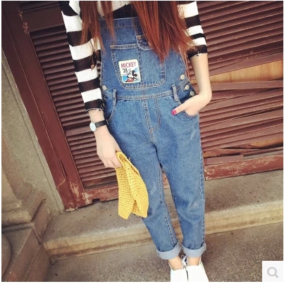 JEANS  ชุดเอี๊ยมยีนส์แนวฮาราจูกุแฟชั่น แฟชั่นสำหรับผู้หญิง female Korean Mickey cartoon denim overalls  pants/trousers 