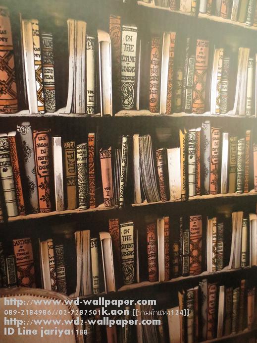 วอลเปเปอร์ติดผนัง ลายชั้นวางหนังสือ ตกแต่งห้องสมุด ห้องทำงาน ลายหนังสือพิมพ์