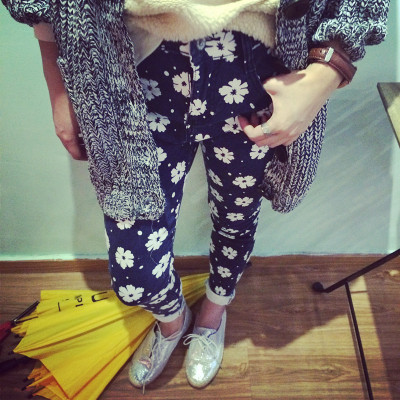 PANTS กางเกงขายาวแฟชั่น ทรงสกินนี่แฟชั่น พิมพ์ลาย  flower  print   women's  casual  trousers