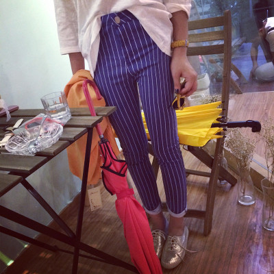 PANTS กางเกงขายาวแฟชั่น ทรงสกินนี่แนววินเทจแฟชั่น Stripe  women's  casual  trousers