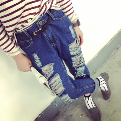 JEANS  กางเกงยีนส์เอวสูง ทรงเดฟแฟชั่น สำหรับผู้หญิงลุคเซอร์ๆ  women  dark  blue  jean  korean  fashion  