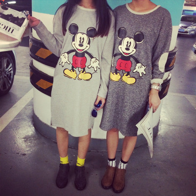 DRESS  MICKEY  CARTOON  ชุดเดรสแขนยาวตัวยาวแฟชั่น สำหรับผู้หญิงสไตล์ญี่ปุ่นเกาหลี casual/basic  long  dress