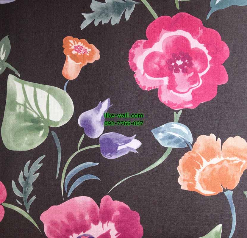 วอลเปเปอร์ติดผนังลายดอกไม้สีสันสดใส พื้นสีดำ