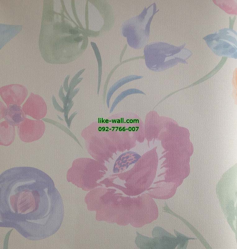 วอลเปเปอร์ติดผนังลายดอกไม้หลากสีสัน พื้นสีขาวน้ำตาล