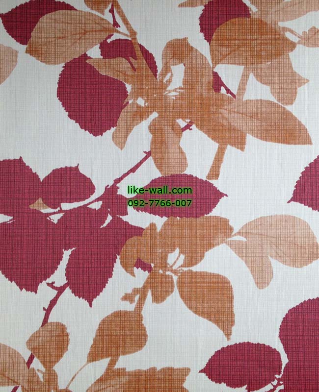 วอลเปเปอร์ติดผนังลายใบไม้ สีน้ำตาลแดง พื้นขาว