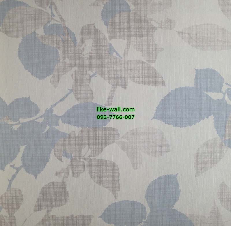 วอลเปเปอร์ติดผนังลายใบไม้ สีฟ้า เทามีลายสก็อต พื้นขาวเทา