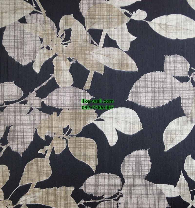 วอลเปเปอร์ติดผนังลายใบไม้ สีขาว น้ำตาลทอง พื้นสีดำ