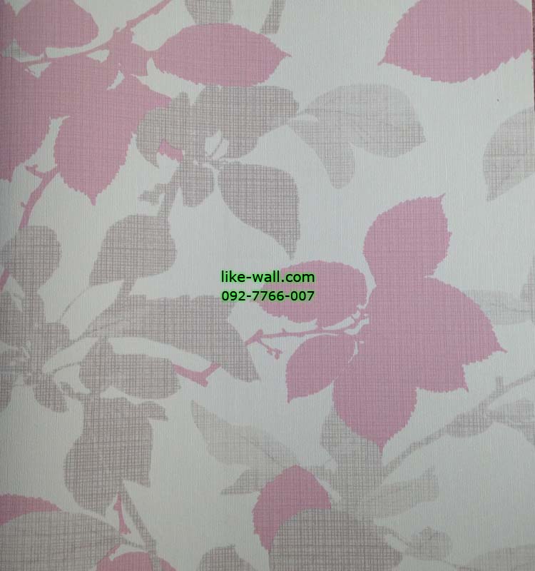 วอลเปเปอร์ติดผนังลายใบไม้ สีชมพู น้ำตาลอ่อน พื้นขาว