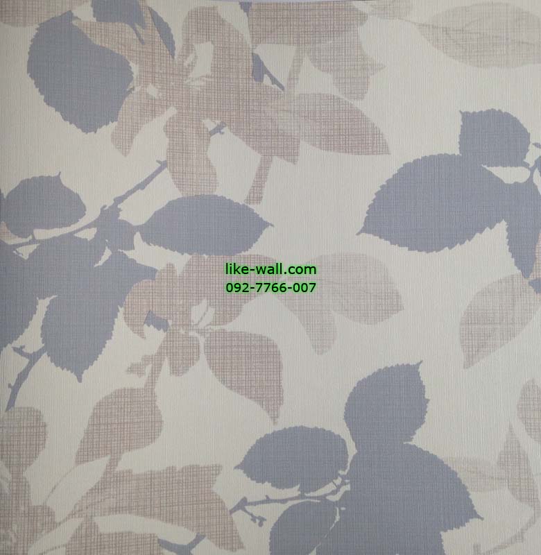 วอลเปเปอร์ติดผนังลายใบไม้ สีฟ้า น้ำตาลอ่อน พื้นขาว