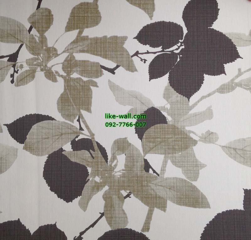 วอลเปเปอร์ติดผนังลายใบไม้ สีดำ น้ำตาลอ่อน พื้นขาว