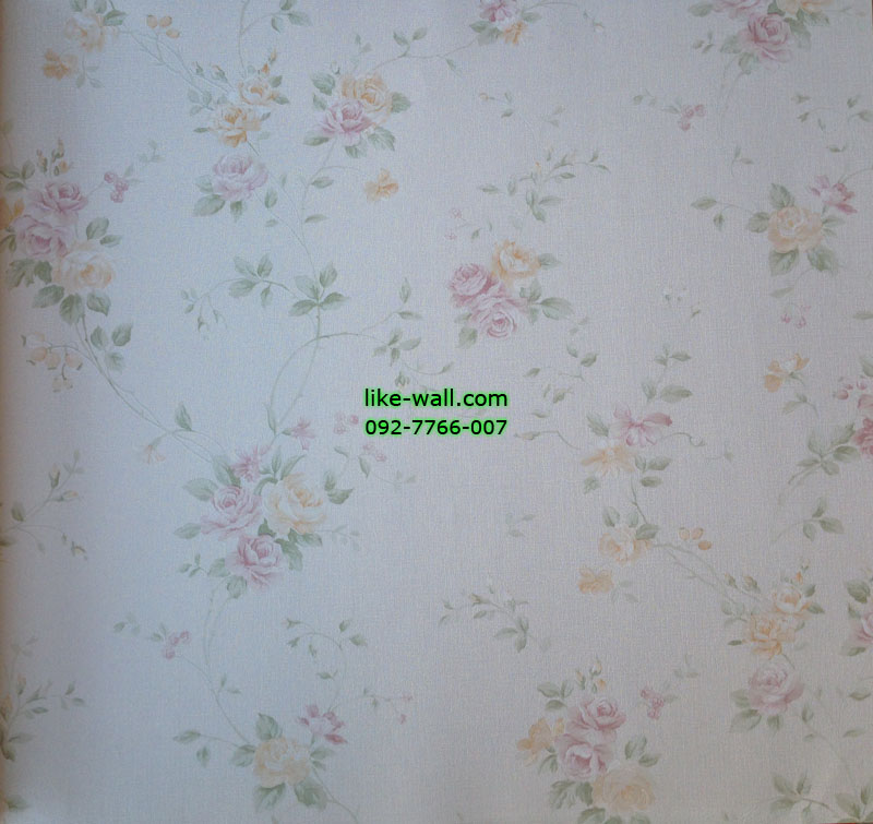 วอลเปเปอร์ติดผนังลายดอกกุหลาบสีชมพู ส้ม พื้นขาว