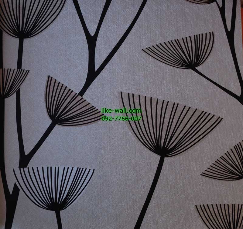 วอลเปเปอร์ติดผนังลายดอกไม้สีดำ พื้นขาว