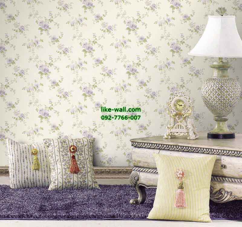 ตัวอย่าง วอลเปเปอร์ติดผนังลายดอกกุหลาบสีม่วง ฟ้า พื้นขาว