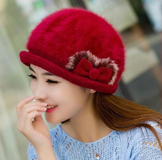 หมวกขนกระต่ายทรงโบลเลอร์ บุขนด้านใน#สีแดงเลือดนก