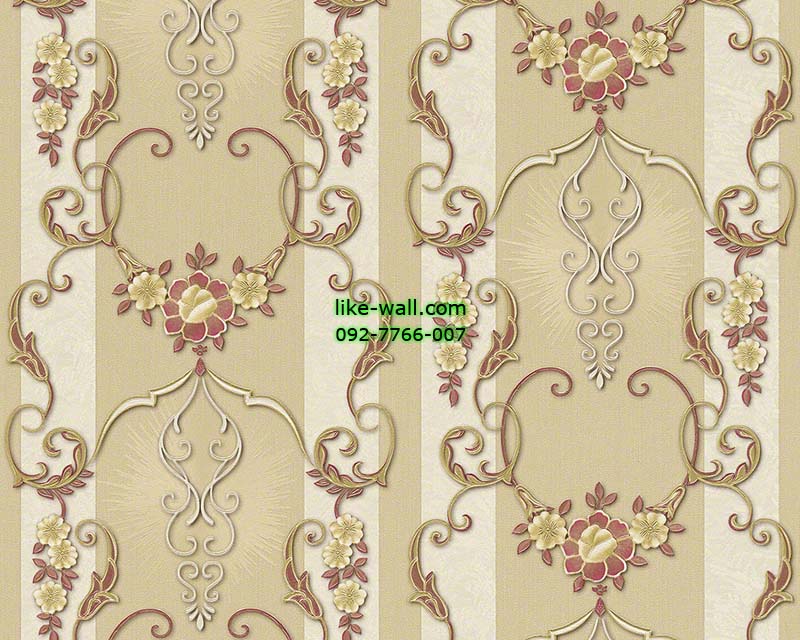 วอลเปเปอร์ติดผนังลายหลุยส์ดอกไม้สีแดง พื้นลายทางสี ขาว น้ำตาลทอง