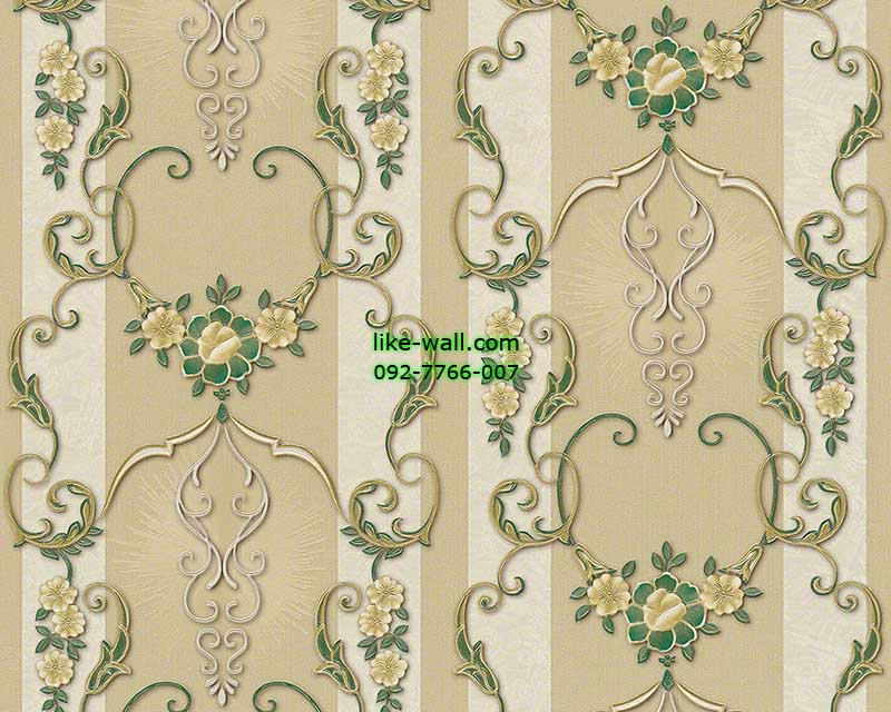 วอลเปเปอร์ติดผนังลายหลุยส์ดอกไม้สีเขียว พื้นลายทางสี ขาว น้ำตาลทอง