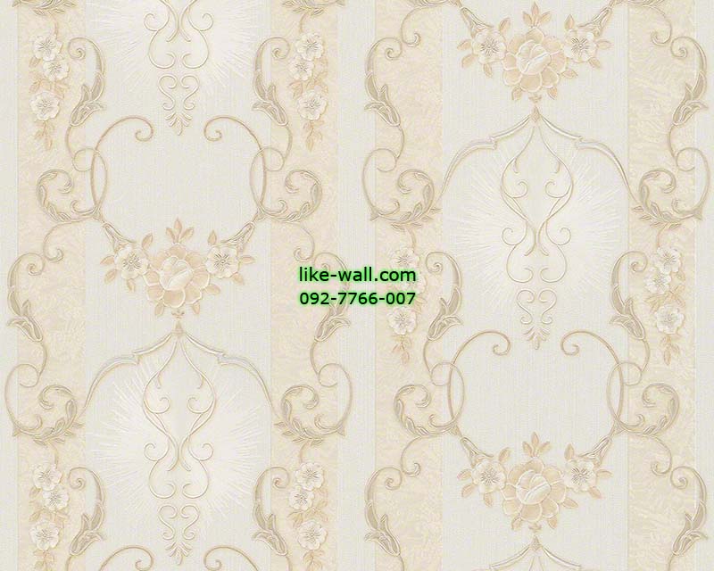 วอลเปเปอร์ติดผนังลายหลุยส์ดอกไม้น้ำตาลอ่อน พื้นลายทางสีเนื้อ เทา