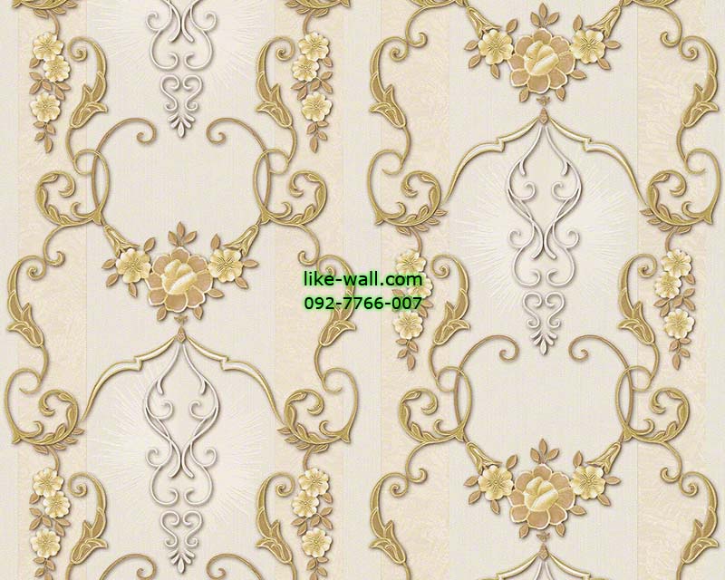 วอลเปเปอร์ติดผนังลายหลุยส์ดอกไม้น้ำตาล พื้นลายทางสีเนื้อ เทา