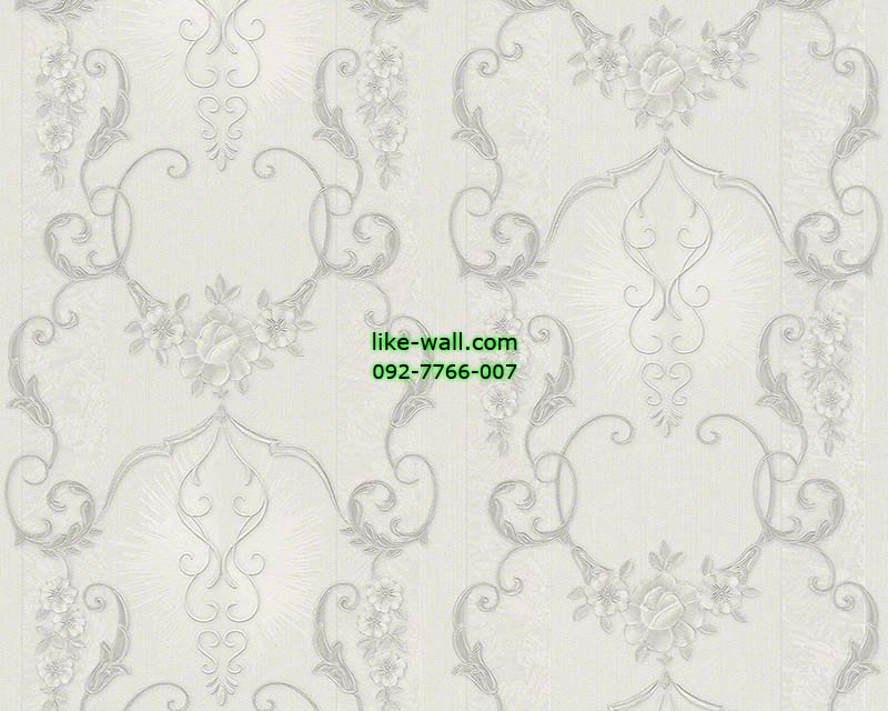 วอลเปเปอร์ติดผนังลายหลุยส์ดอกไม้สีเงิน พื้นลายทางสีเทา