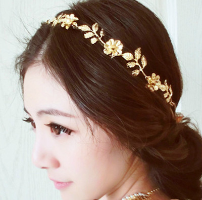 สายรัดคาดผมใบไม้และดอกไม้สีทองประดับเพชร หรูหราแบบนางฟ้า
